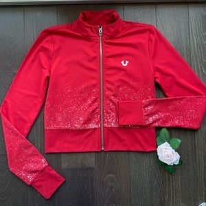 True Religion red and silver splattered zip up sweatshirt